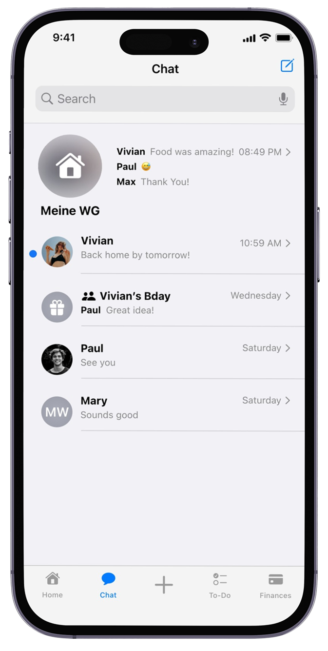 A screenshot of the Roomies chat screen