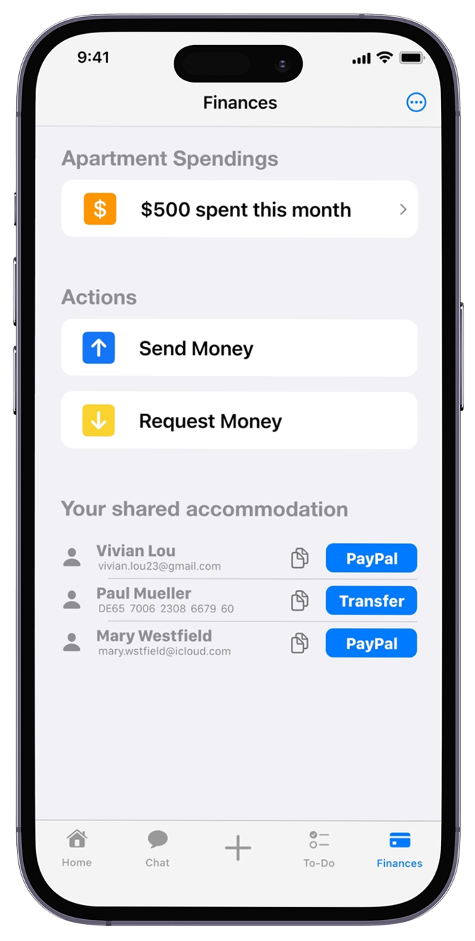 A screenshot of the Roomies finances screen