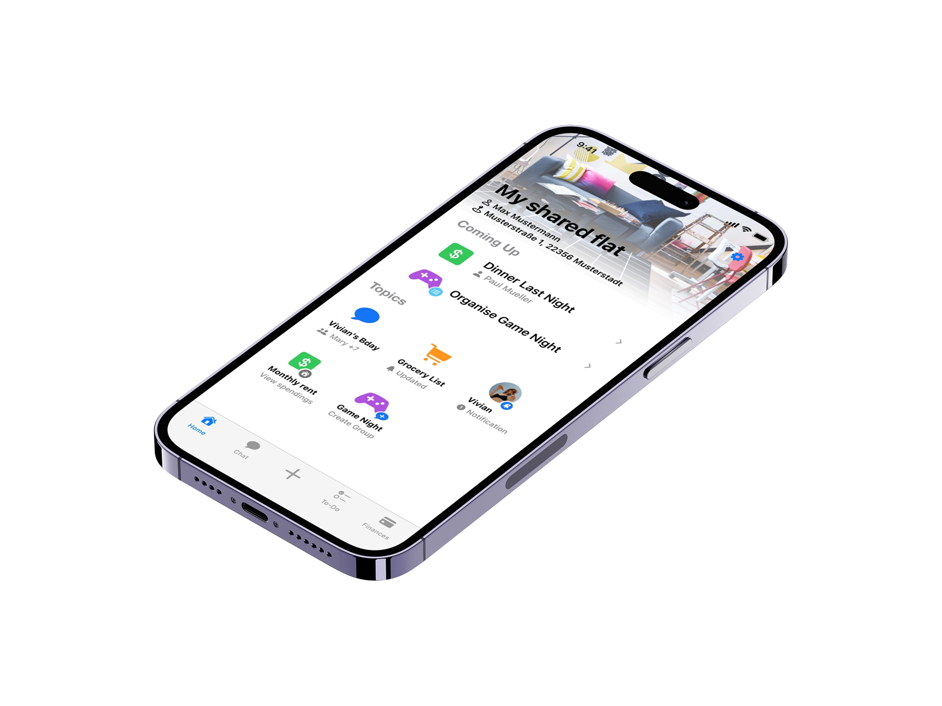 iPhone mockup with Roomies app screenshot